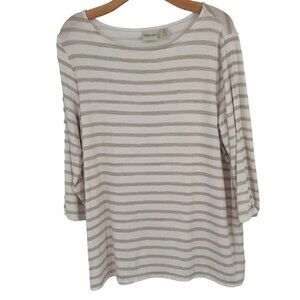 Chico's 2 Zenergy  Womens Striped Beige  White 3/4 Sleeve knit Top Size Large